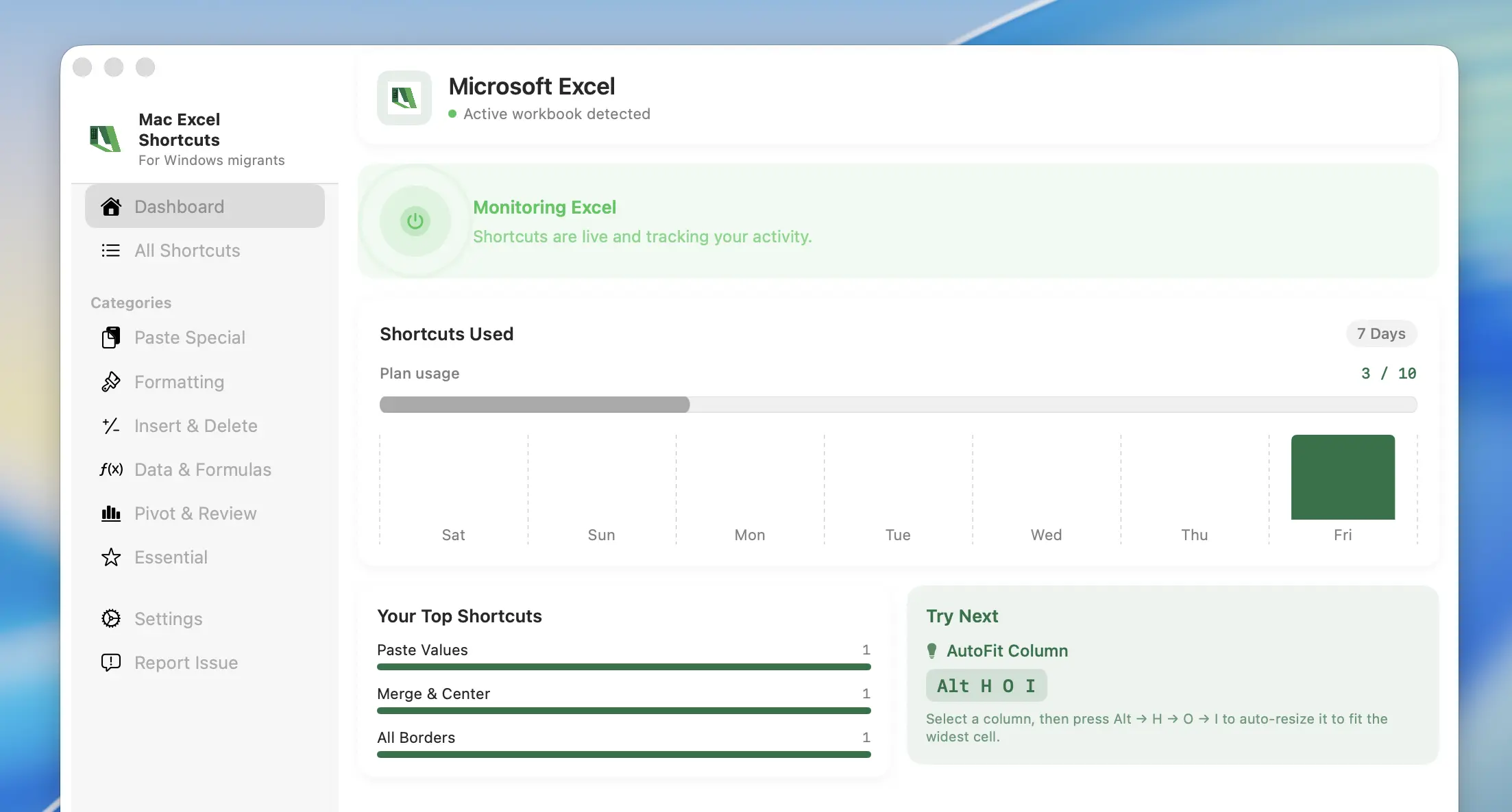 Mac Excel Shortcuts app screenshot