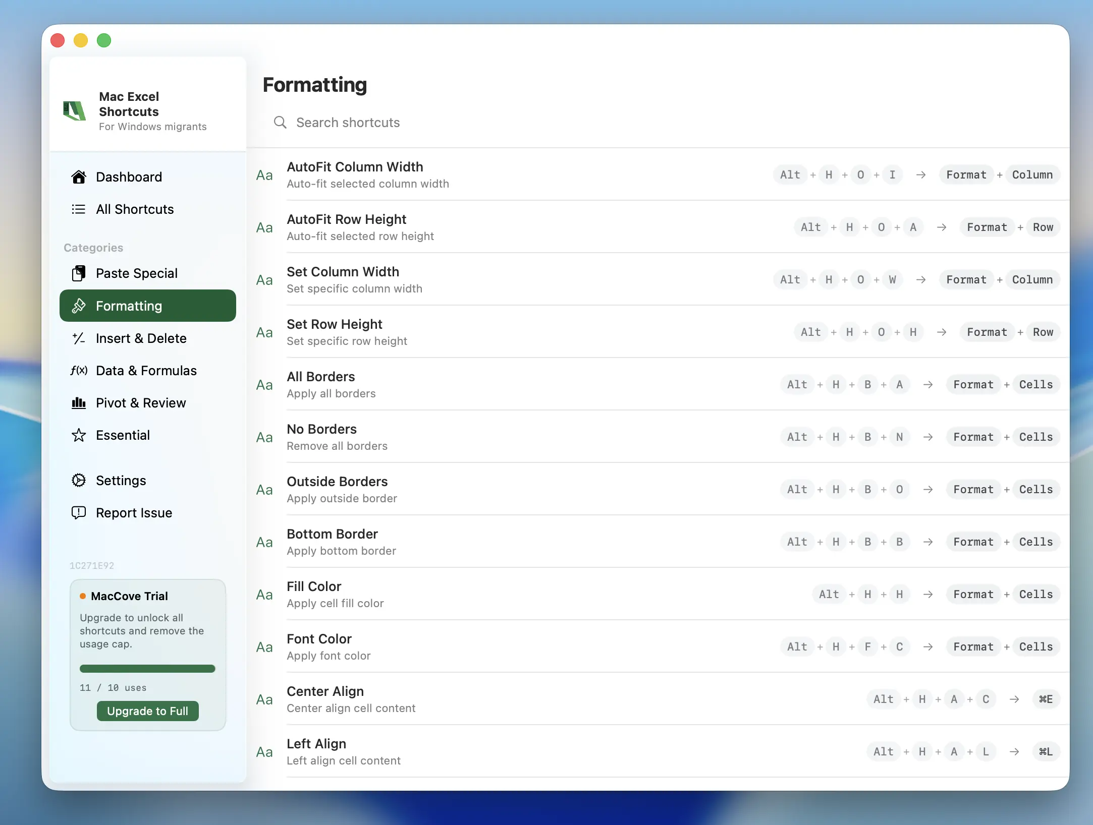 Formatting shortcuts in Mac Excel Shortcuts