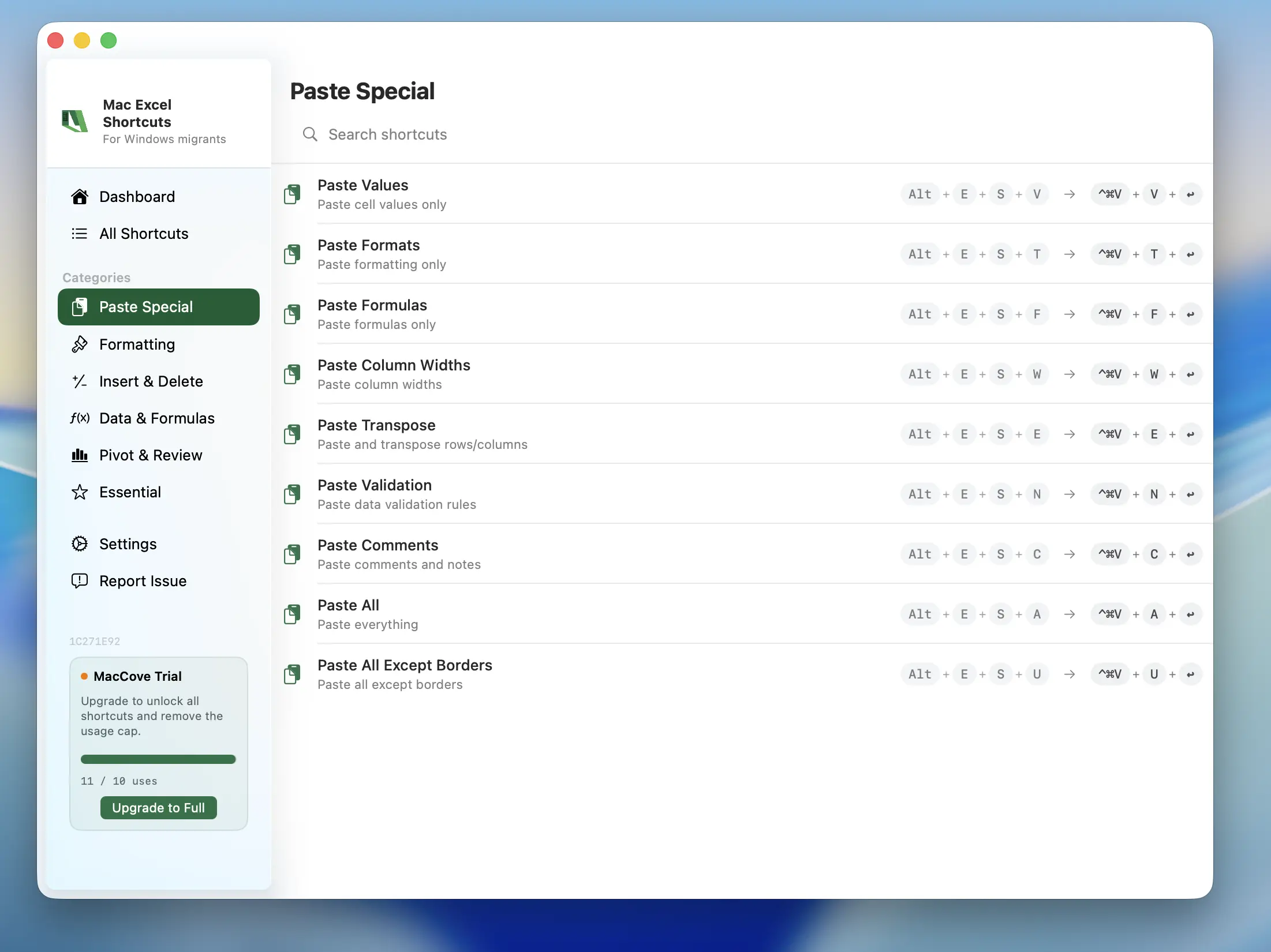 Paste Special shortcuts in Mac Excel Shortcuts