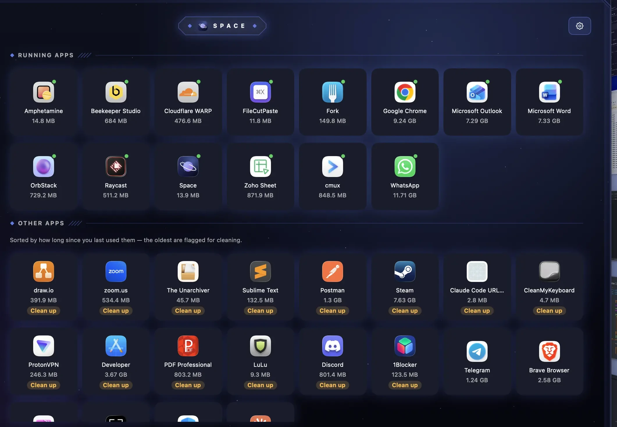 MacCove Space: Running and unused apps with one-click clean up