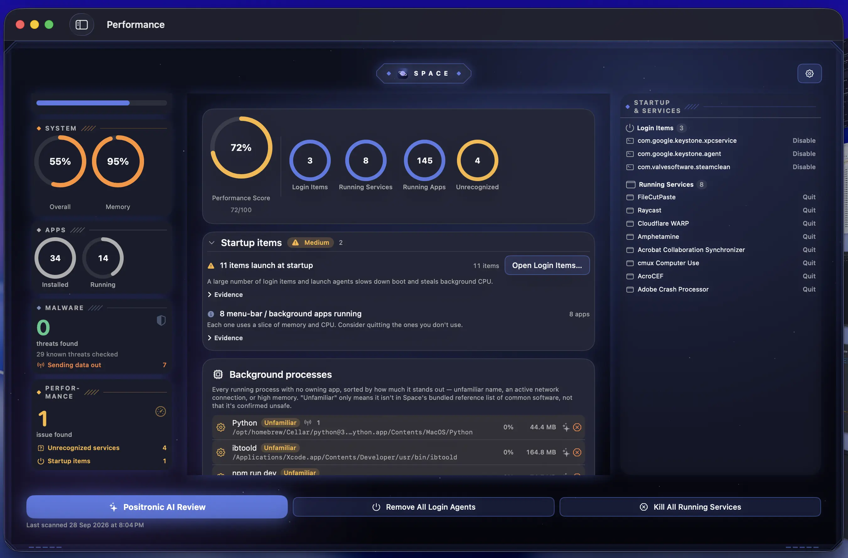 MacCove Space: Performance score, startup items and background services