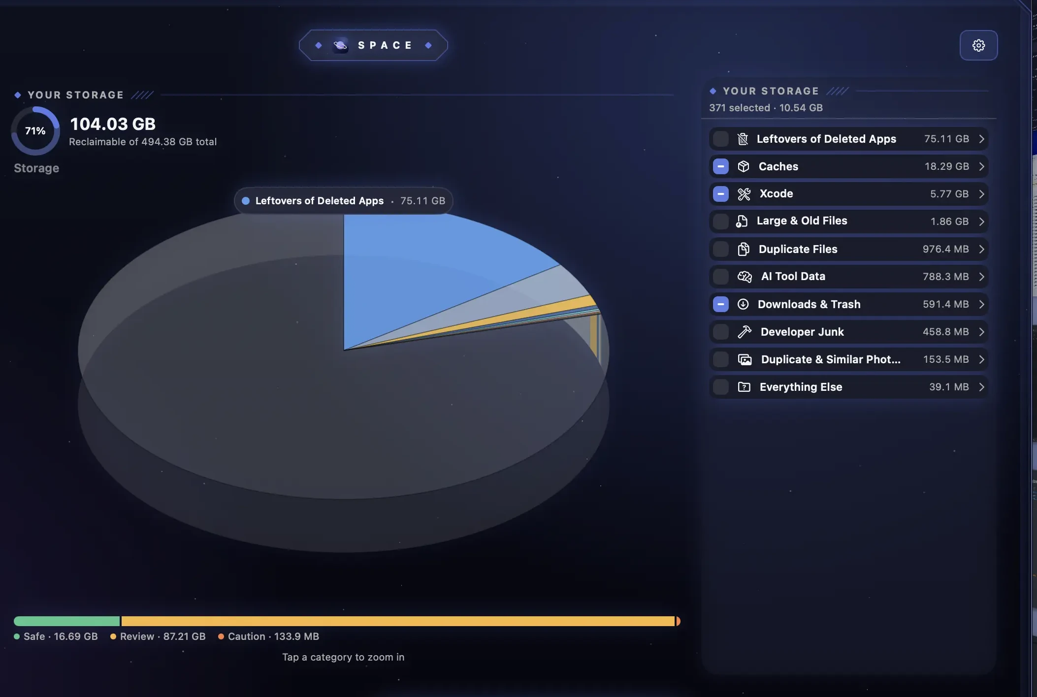 MacCove Space: Storage overview with reclaimable space by category